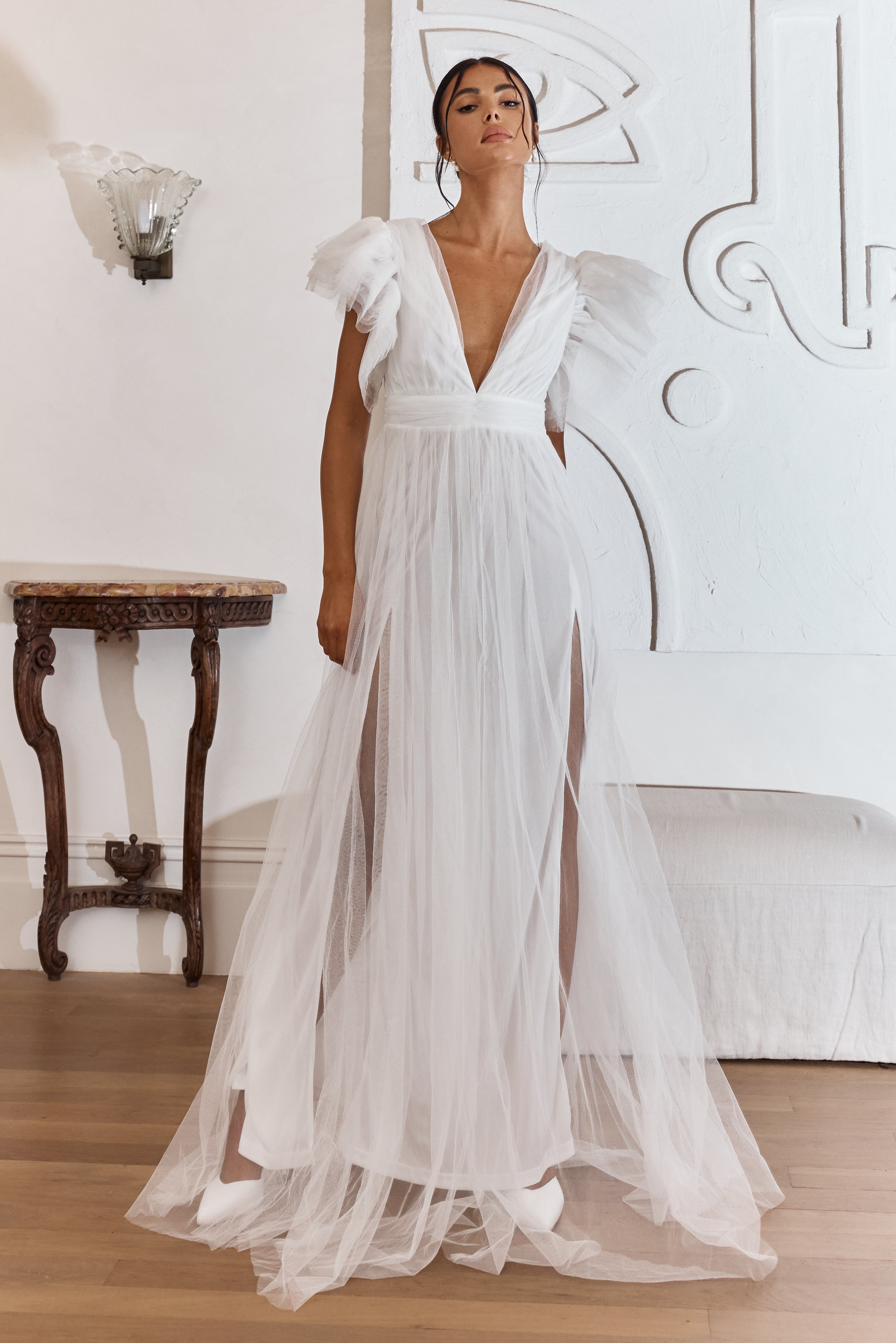 Heaven's Love Deep V-Neck Tulle Maxi Dress White Secondary image
