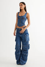 LIONESS After Hours Corset Top Blue Denim