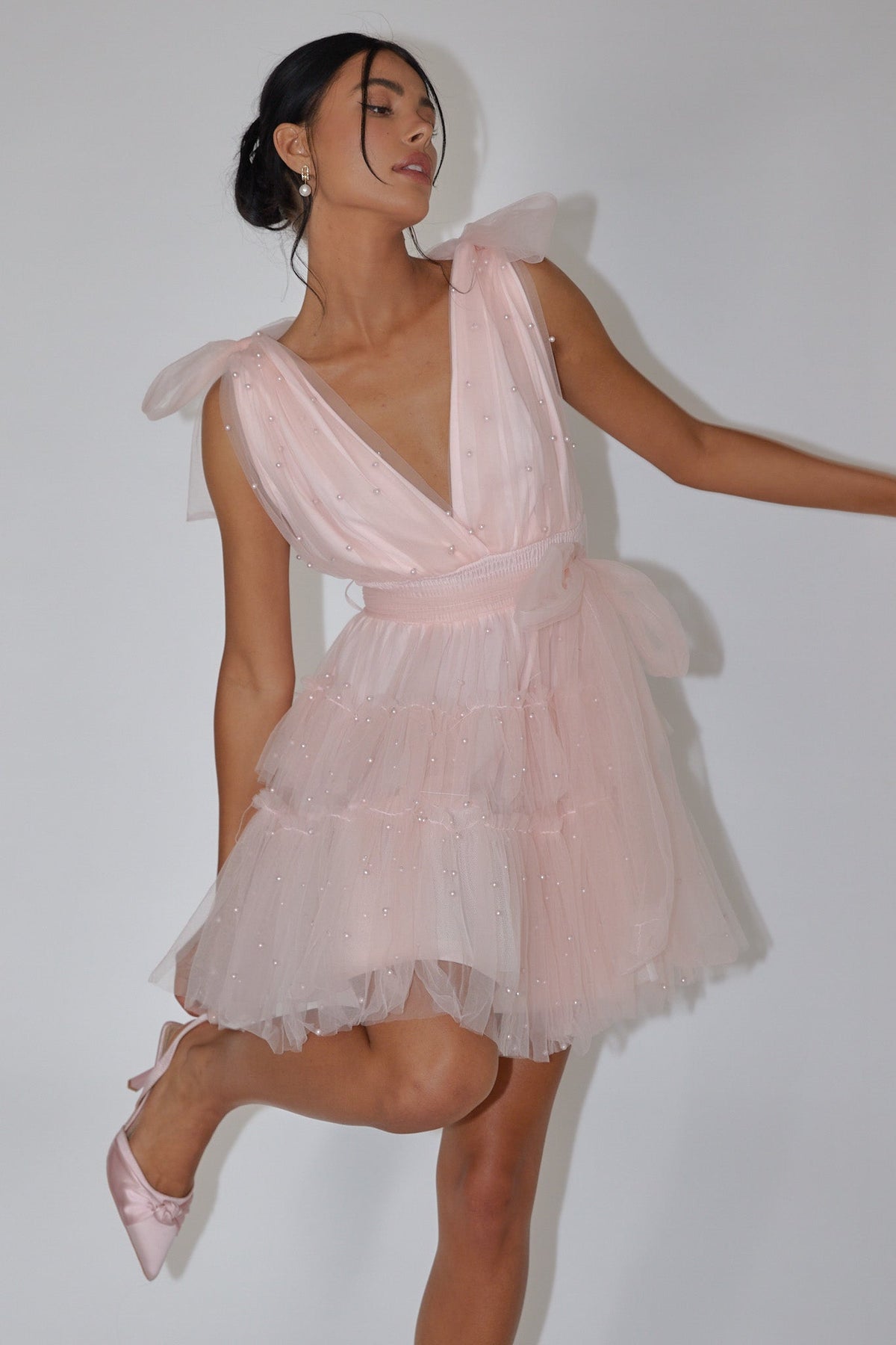 Lyra Pearl Embellished Tulle Mini Dress Pink Main image
