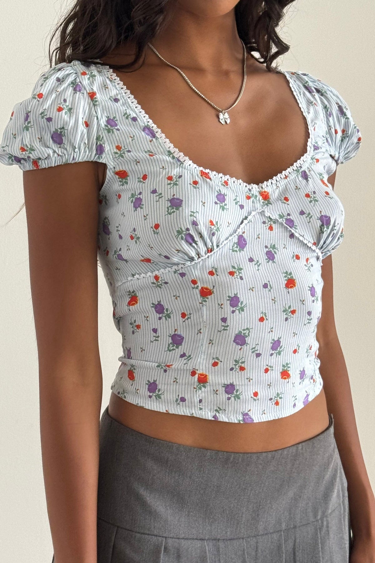 Adrian Puff Cap Sleeve Top Blue Floral Main image