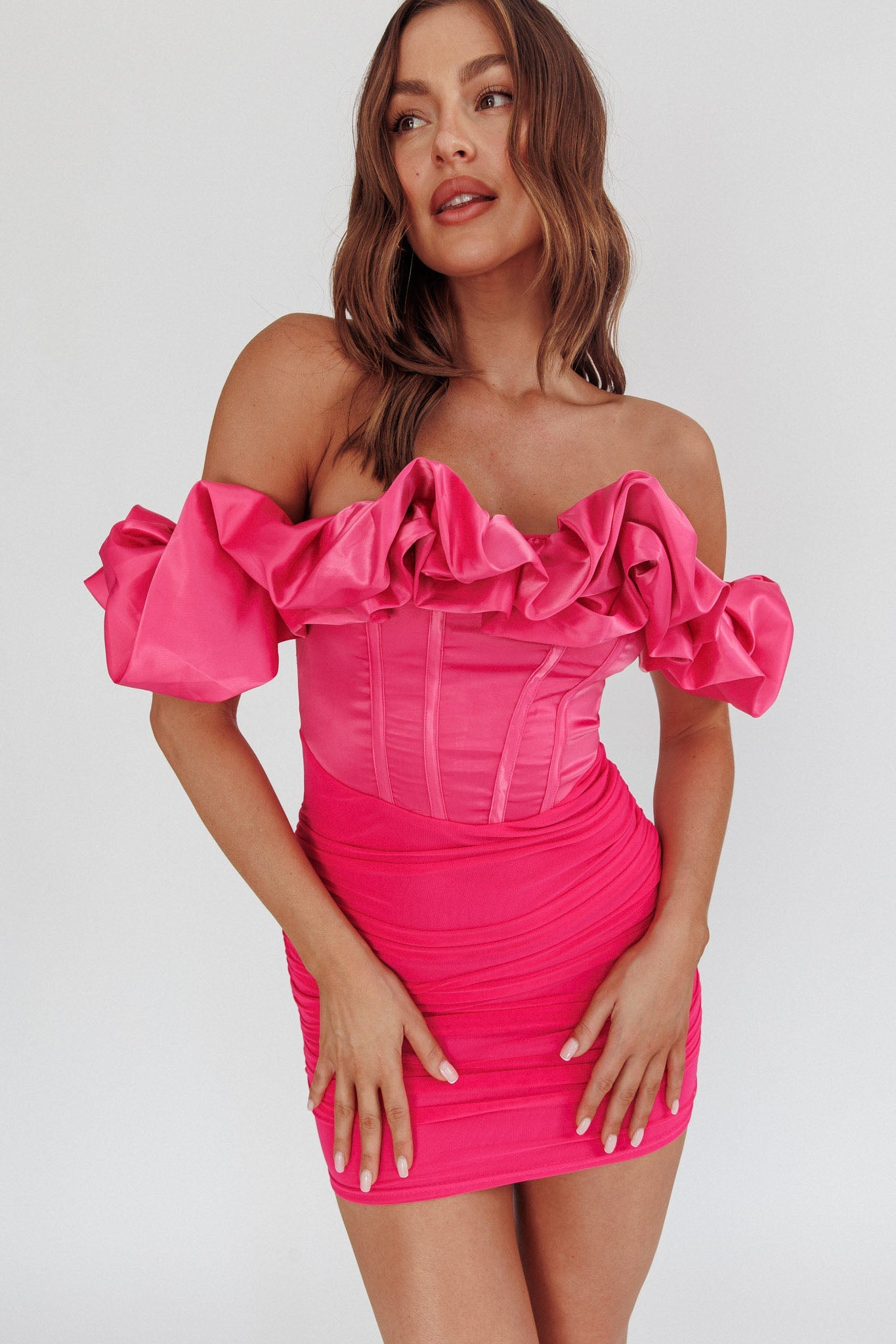 Arista Off-Shoulder Ruched Mini Dress Hot Pink Secondary image