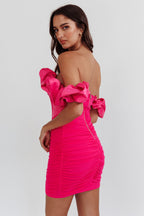 Arista Off-Shoulder Ruched Mini Dress Hot Pink