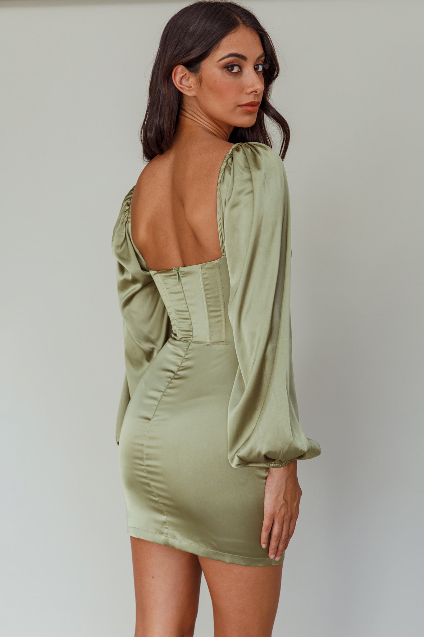 Au Revoir Long Sleeve Satin Mini Dress Sage Secondary image