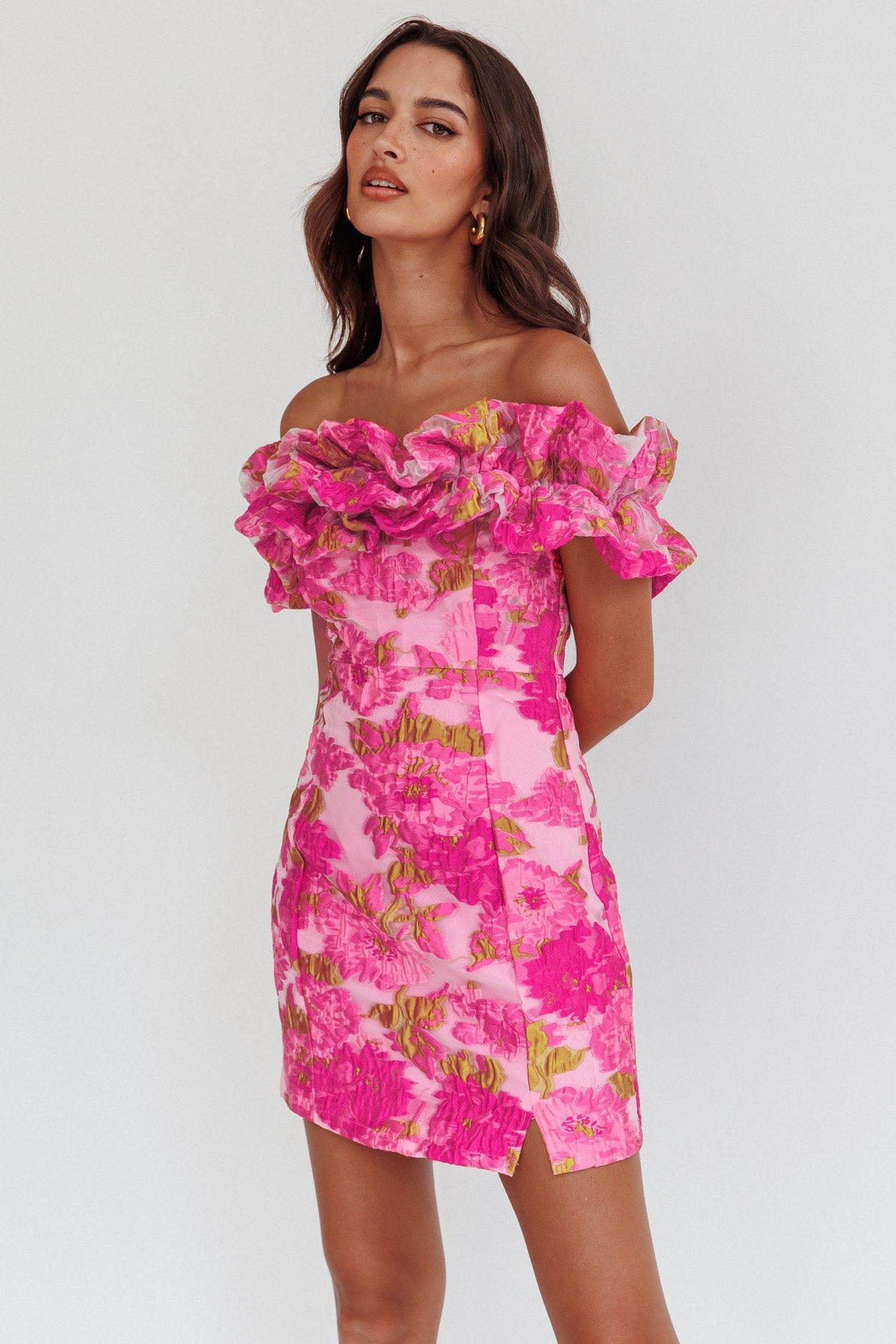 Memoire Off-Shoulder Textured Mini Dress Pink Main image
