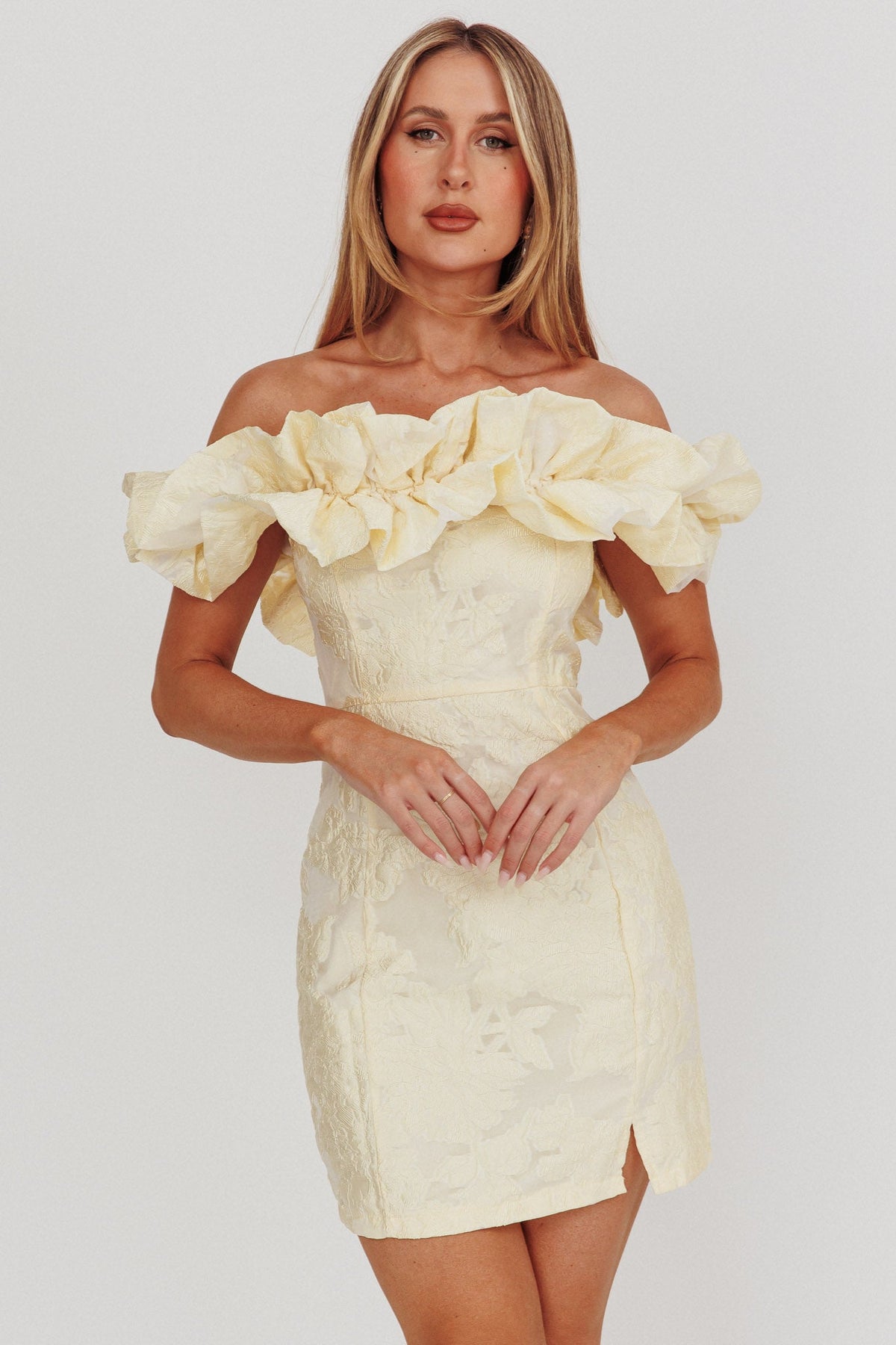 Memoire Off-Shoulder Jacquard Mini Dress Lemon Main image