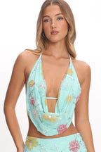 Kavera Cowl Halter Top Floral Sequin Aqua
