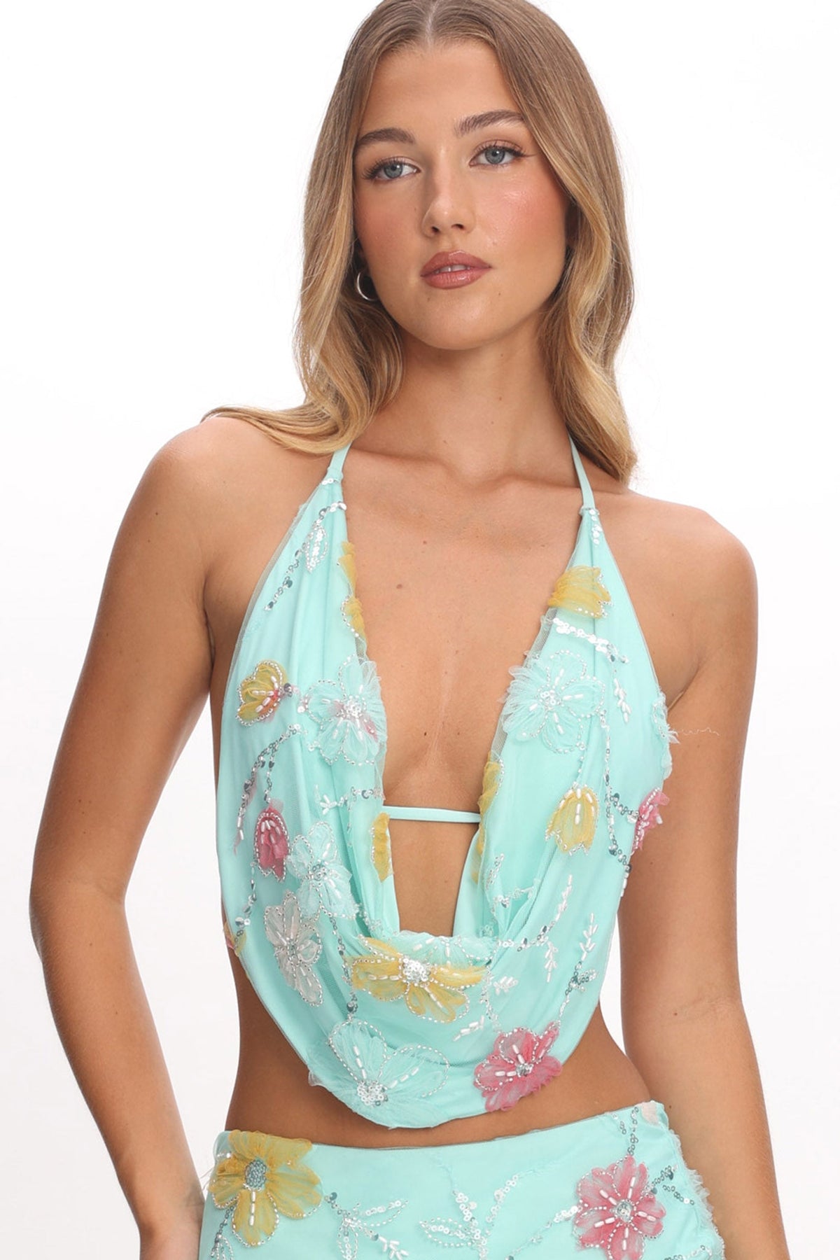 Kavera Cowl Halter Top Floral Sequin Aqua