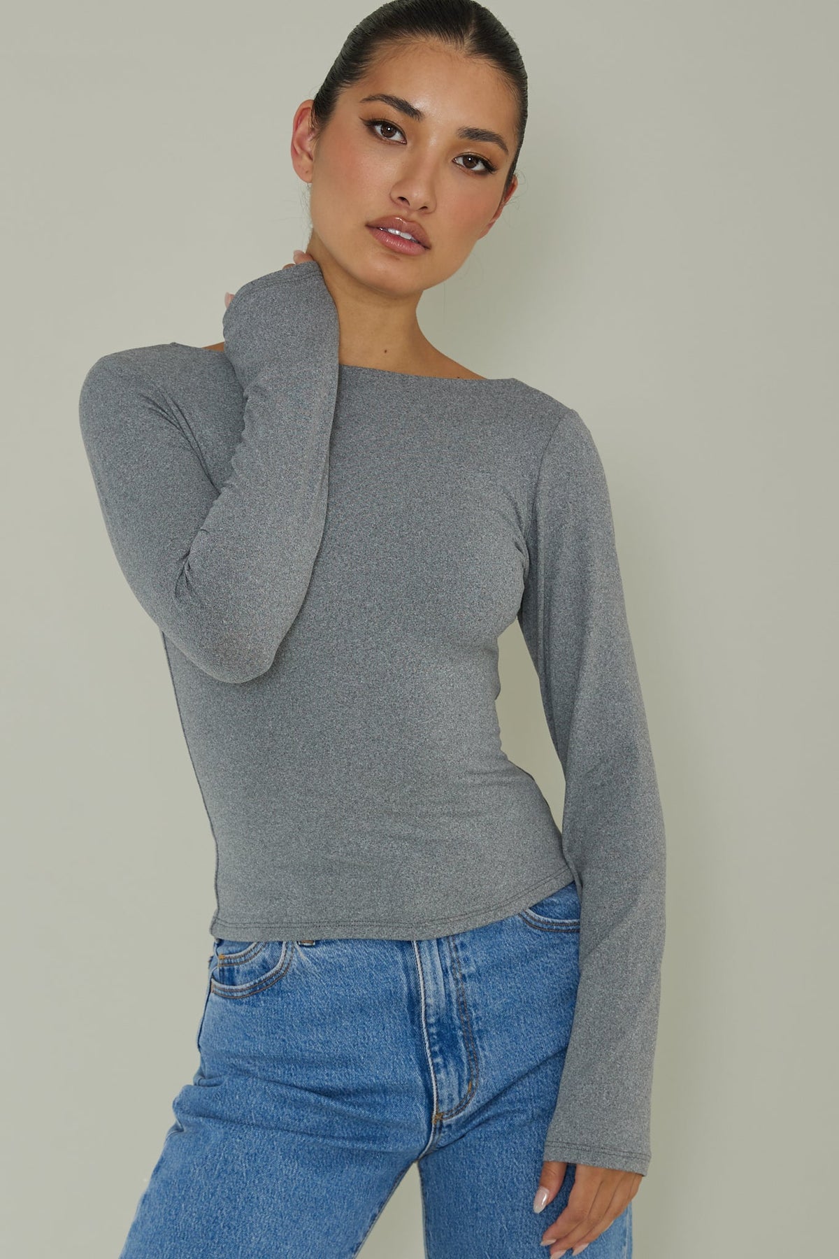 Cheers Boat Neck Long Sleeve Top Grey Main image