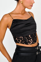 Love Wild Satin & Lace Crop Top Black