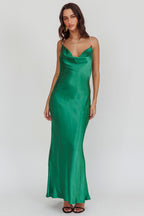 Danijela Cowl Neck Pearl Satin Maxi Dress Emerald