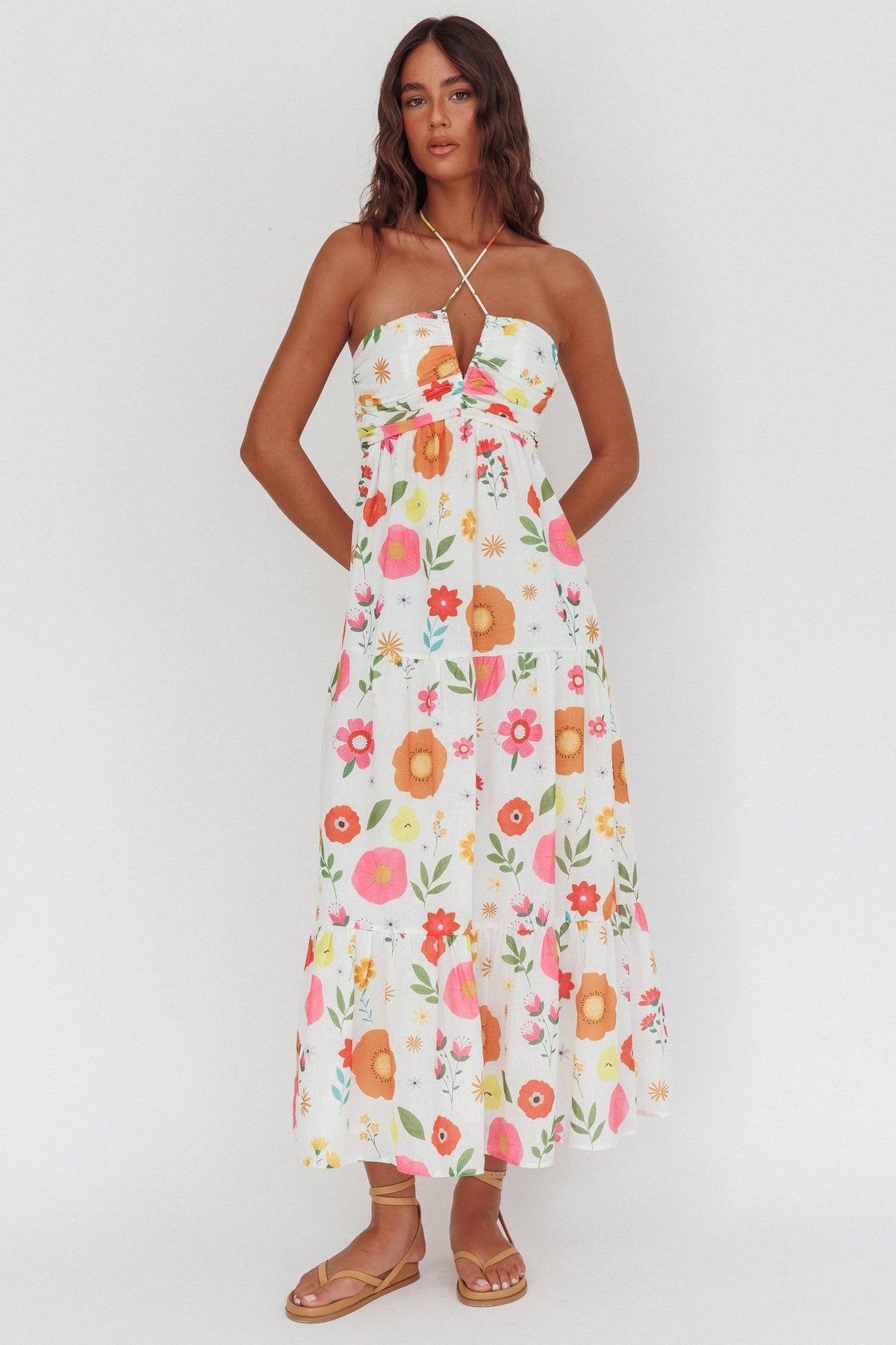 Asiah Gathered Bust Halterneck Maxi Dress Floral White Main image