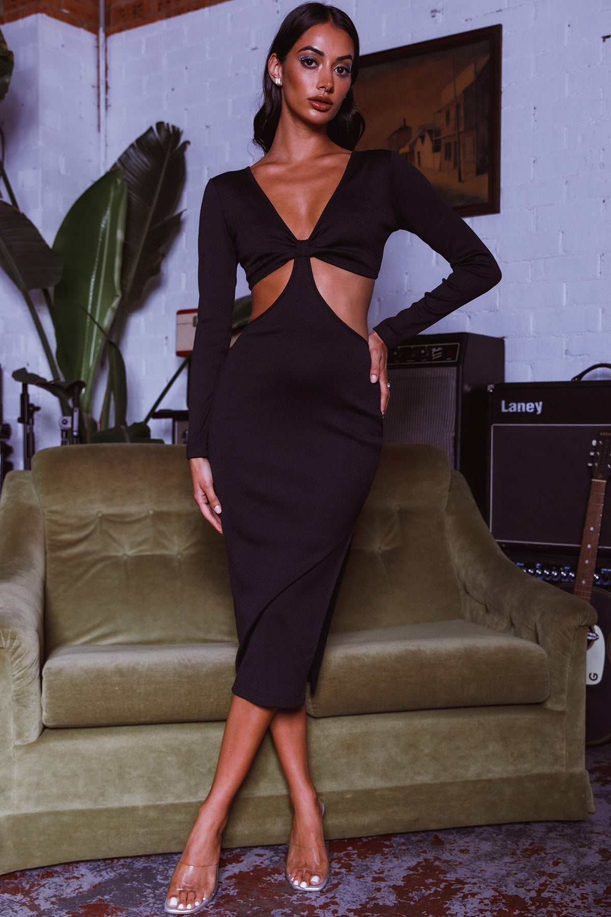 Acapulco Long Sleeve Cut-Out Waist Side Split Midi Dress Black Main image