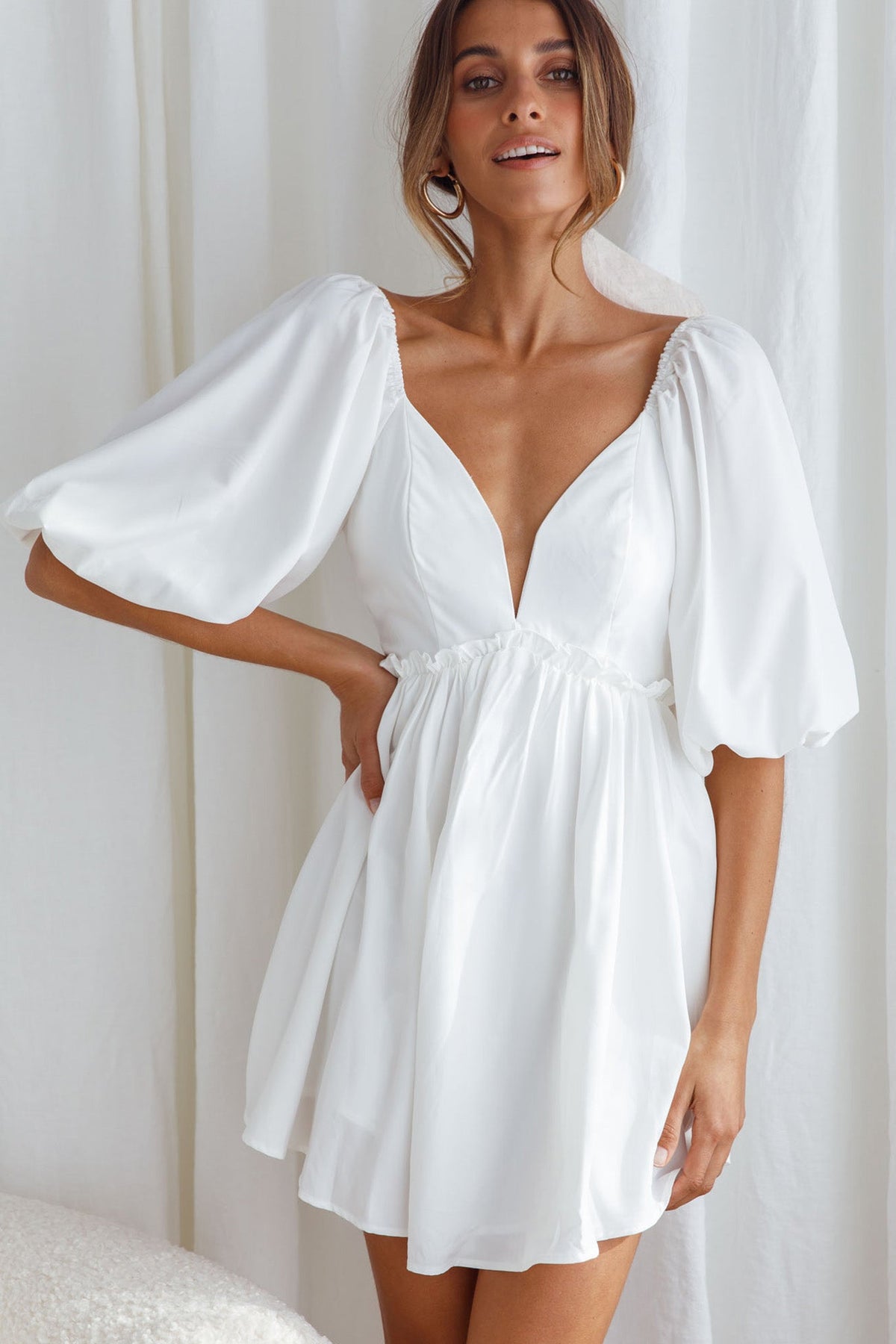 Always Dreaming Puff Sleeve Structured V-Neckline Mini Dress White Main image