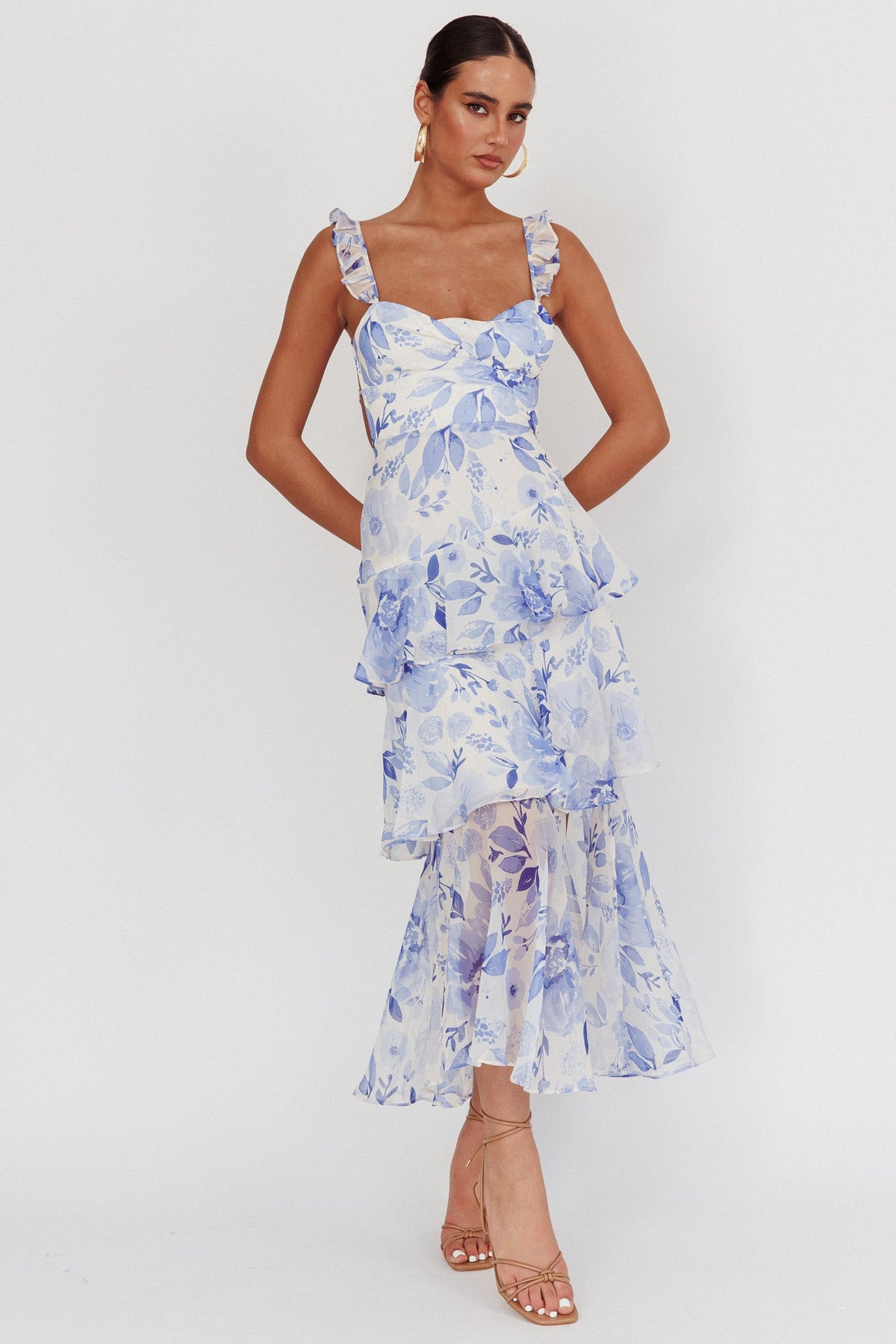 Veda Strappy Back Ruffle Maxi Dress Flowers Blue Main image