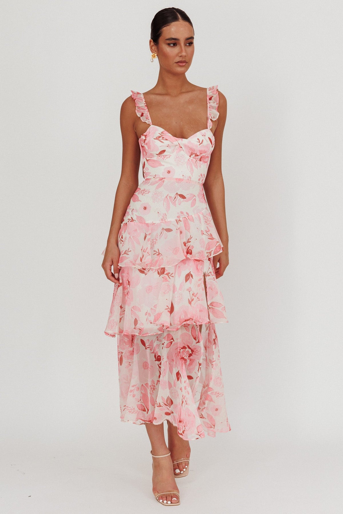 Veda Strappy Back Ruffle Maxi Dress Flowers Blush Main image