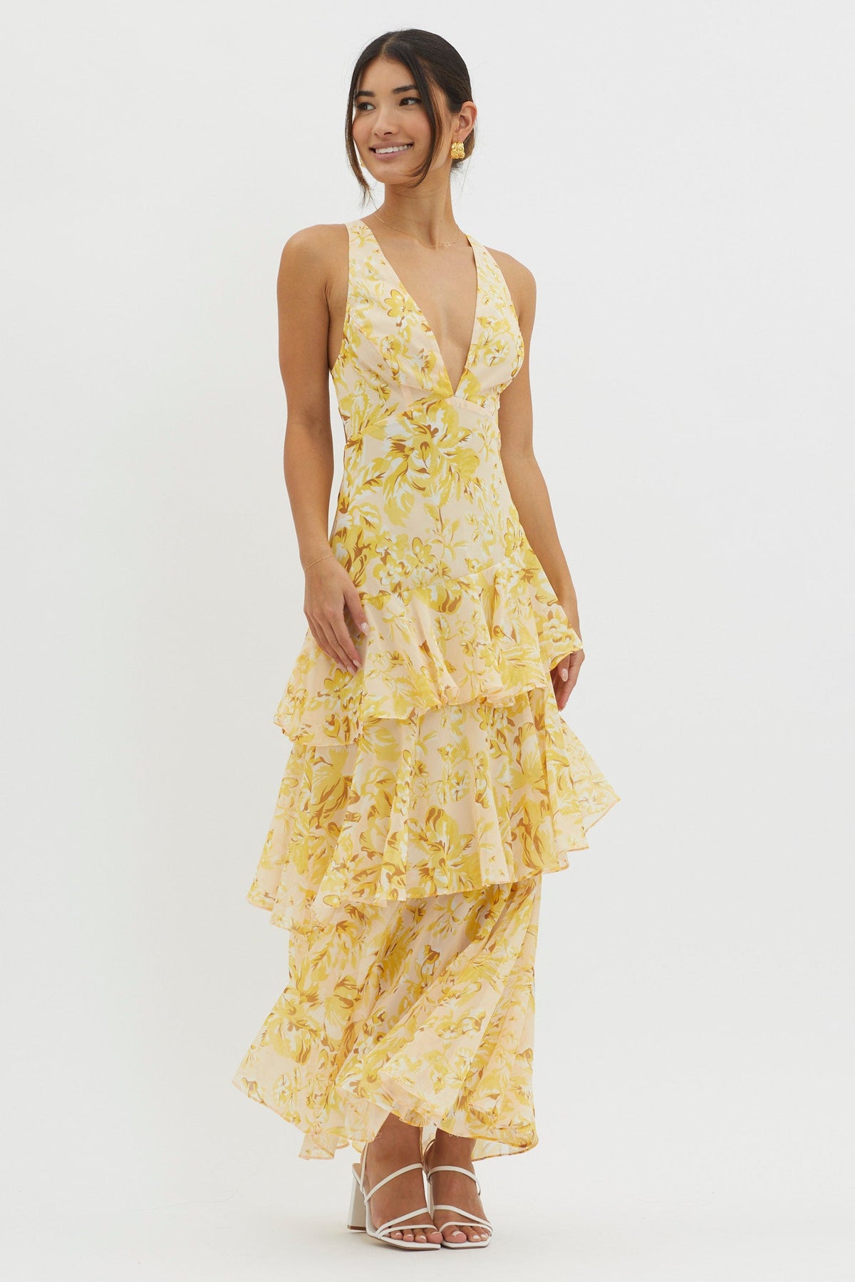 Veda Strappy Back Ruffle Midi Dress Floral Yellow Main image