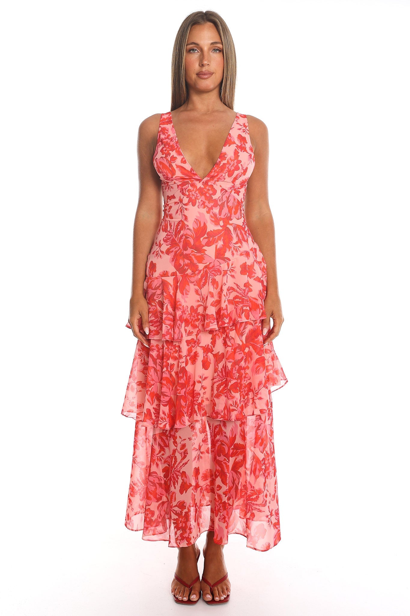 Veda Strappy Back Ruffle Midi Dress Floral Red Secondary image
