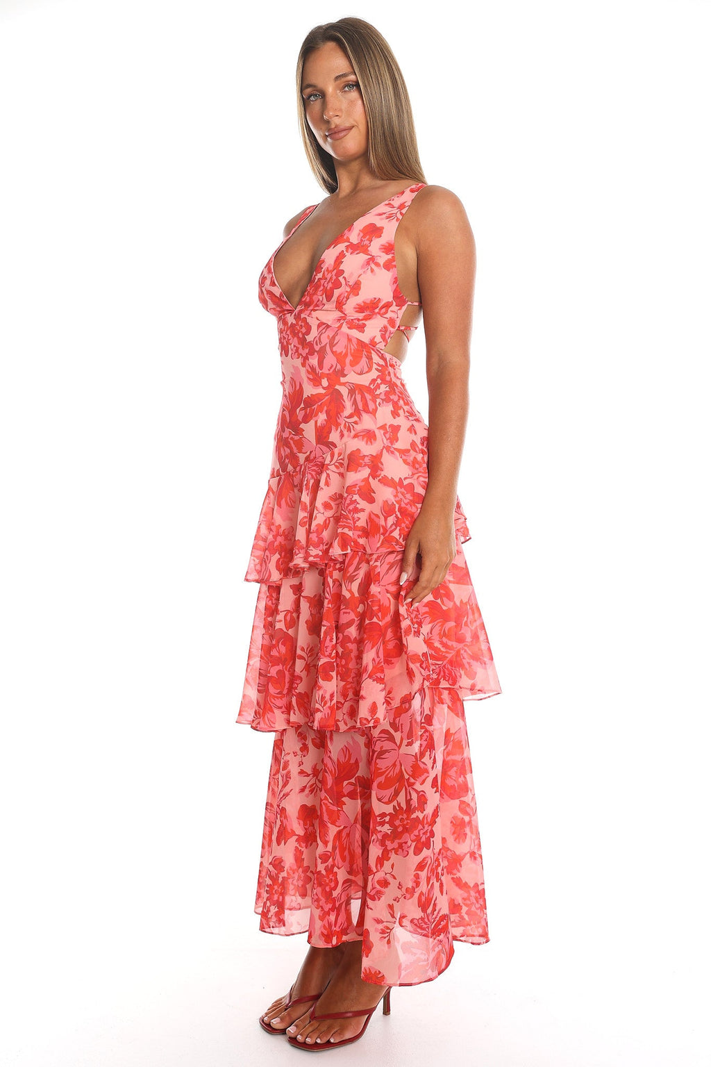 Veda Strappy Back Ruffle Midi Dress Floral Red