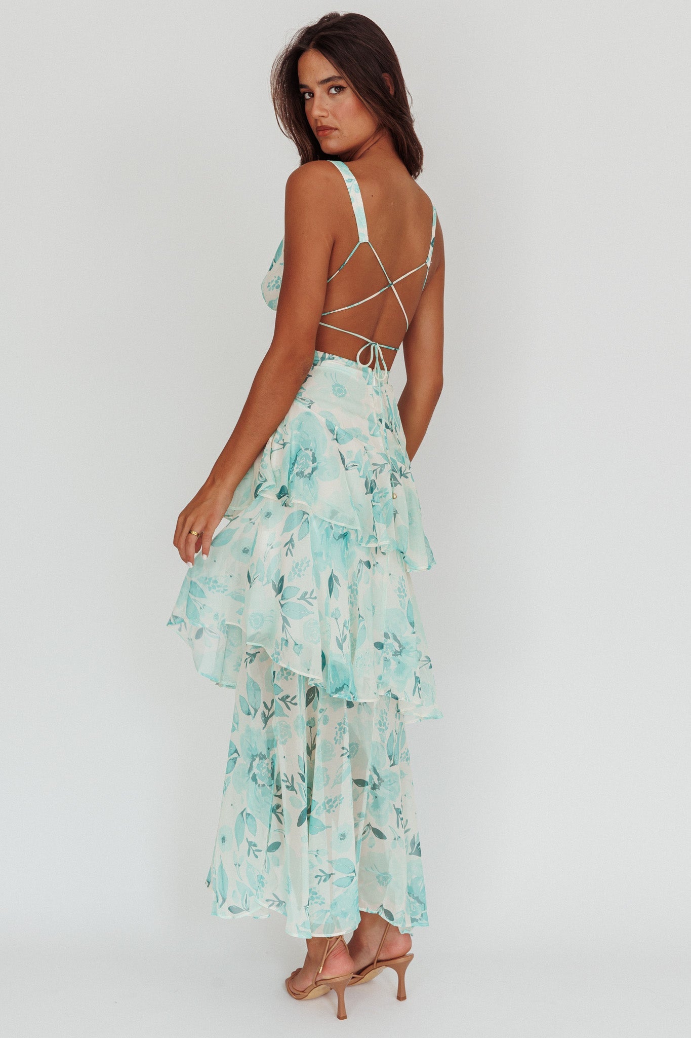 Veda Strappy Back Ruffle Maxi Dress Floral Green Secondary image