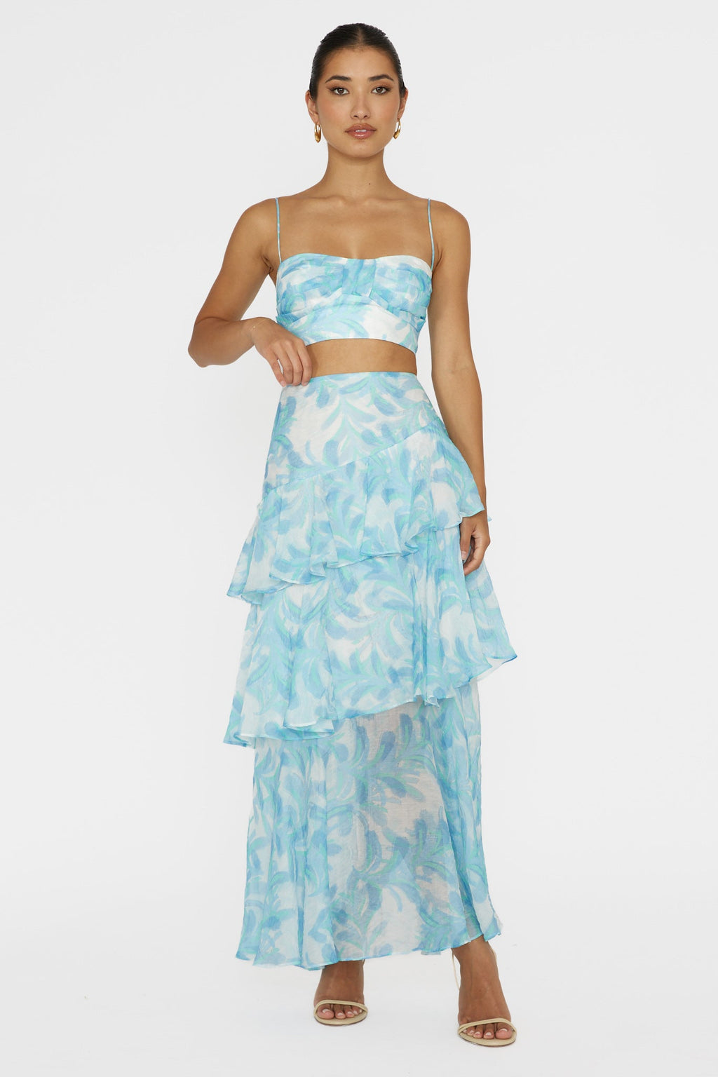 Veda Tiered Ruffle Maxi Skirt Floral Blue
