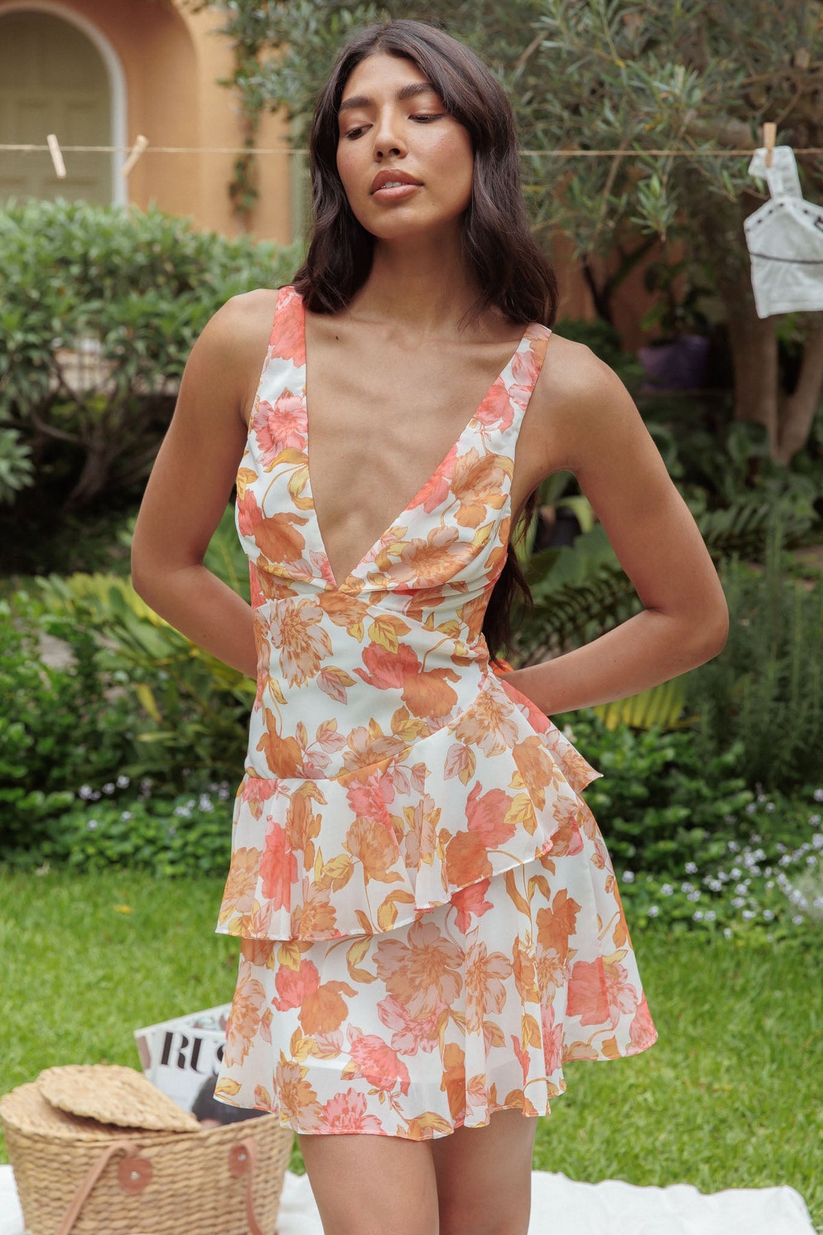Veda Strappy Back Ruffle Mini Dress Floral Orange Main image