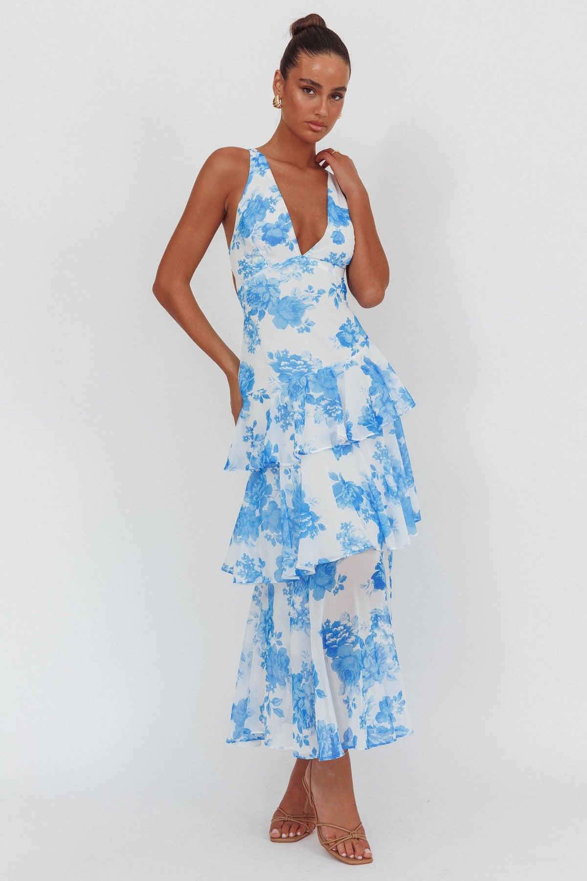 Veda Strappy Back Ruffle Maxi Dress Roses Blue Main image