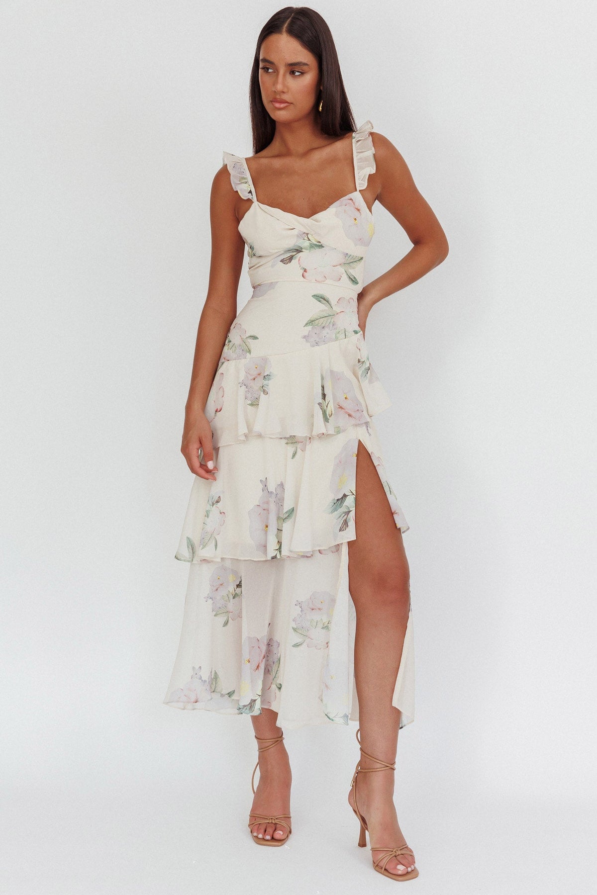 Veda Ruffle Strap Split Maxi Dress Magnolia Cream Main image