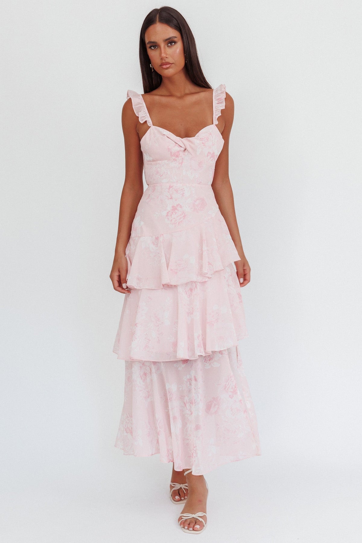Veda Ruffle Strap Split Maxi Dress Roses Blush Main image