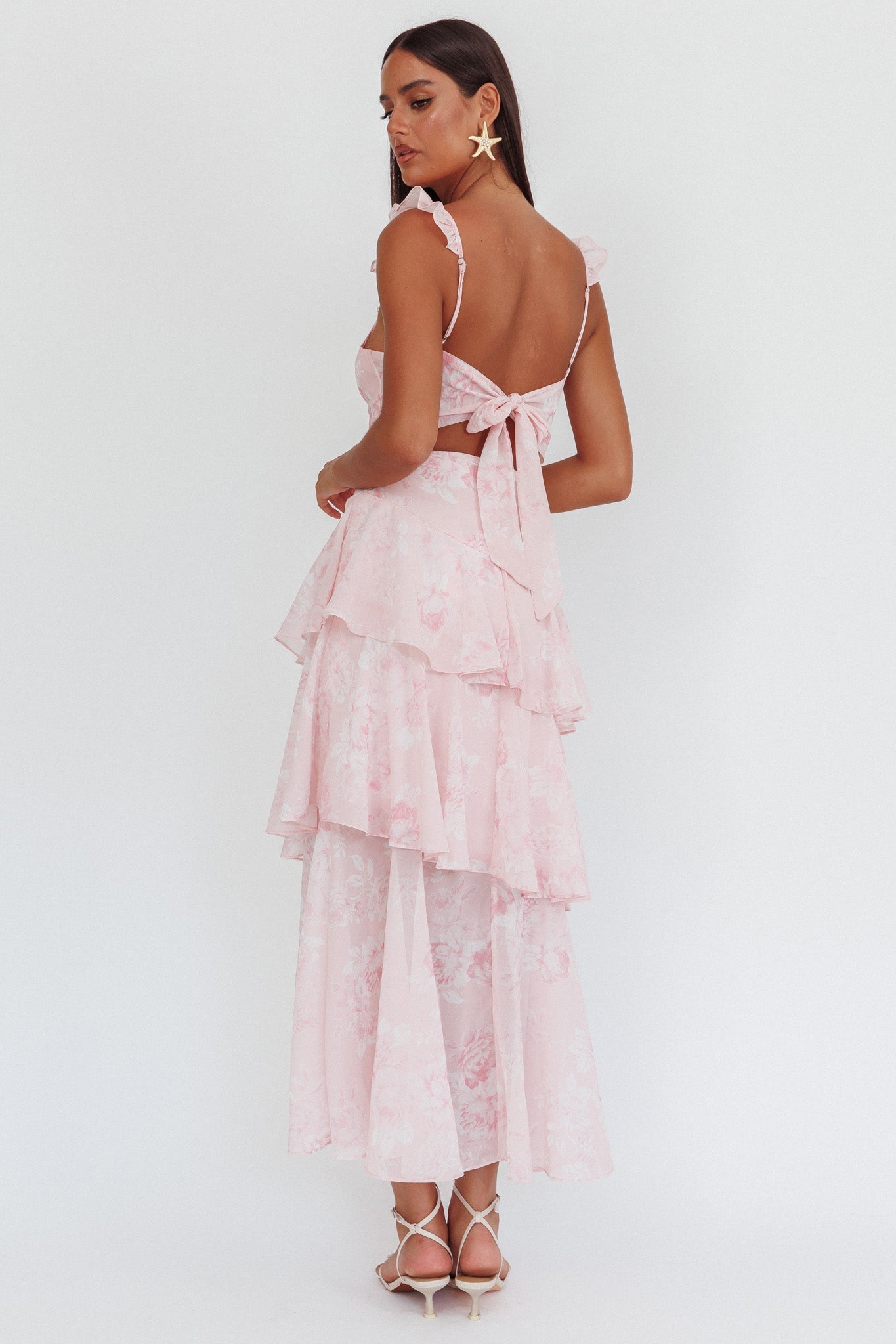 Veda Ruffle Strap Split Maxi Dress Roses Blush Secondary image