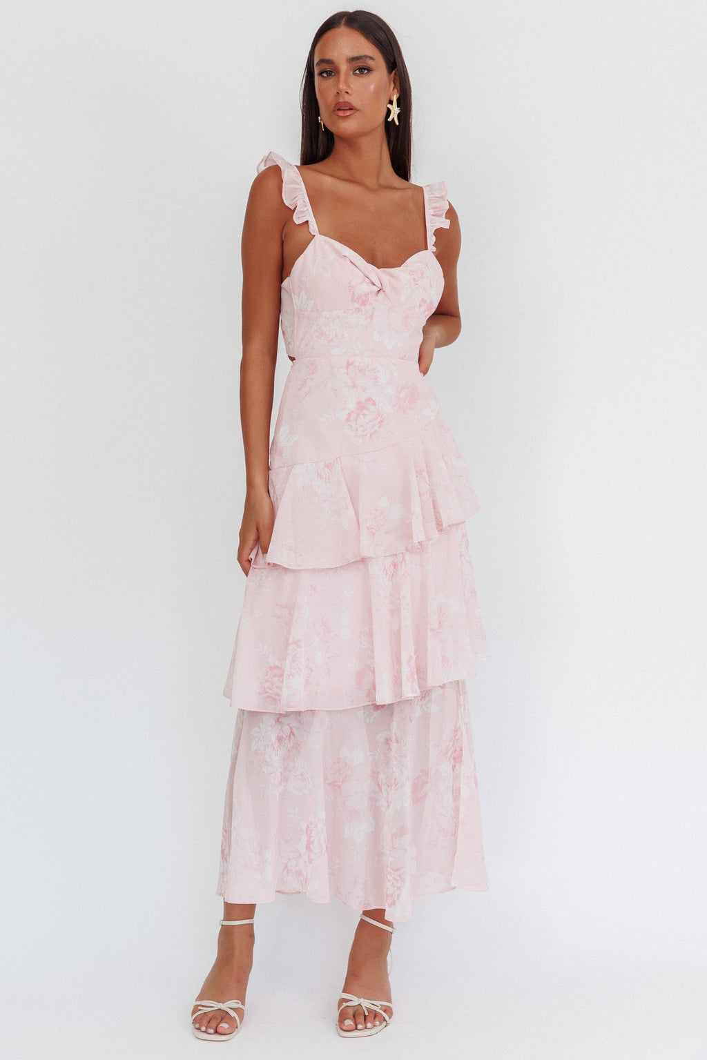 Veda Ruffle Strap Split Maxi Dress Roses Blush
