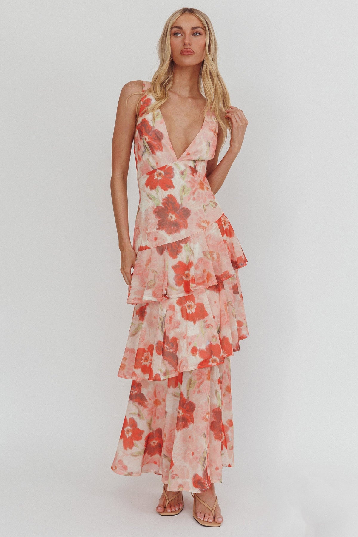 Veda Strappy Back Ruffle Maxi Dress Poppies Red Main image