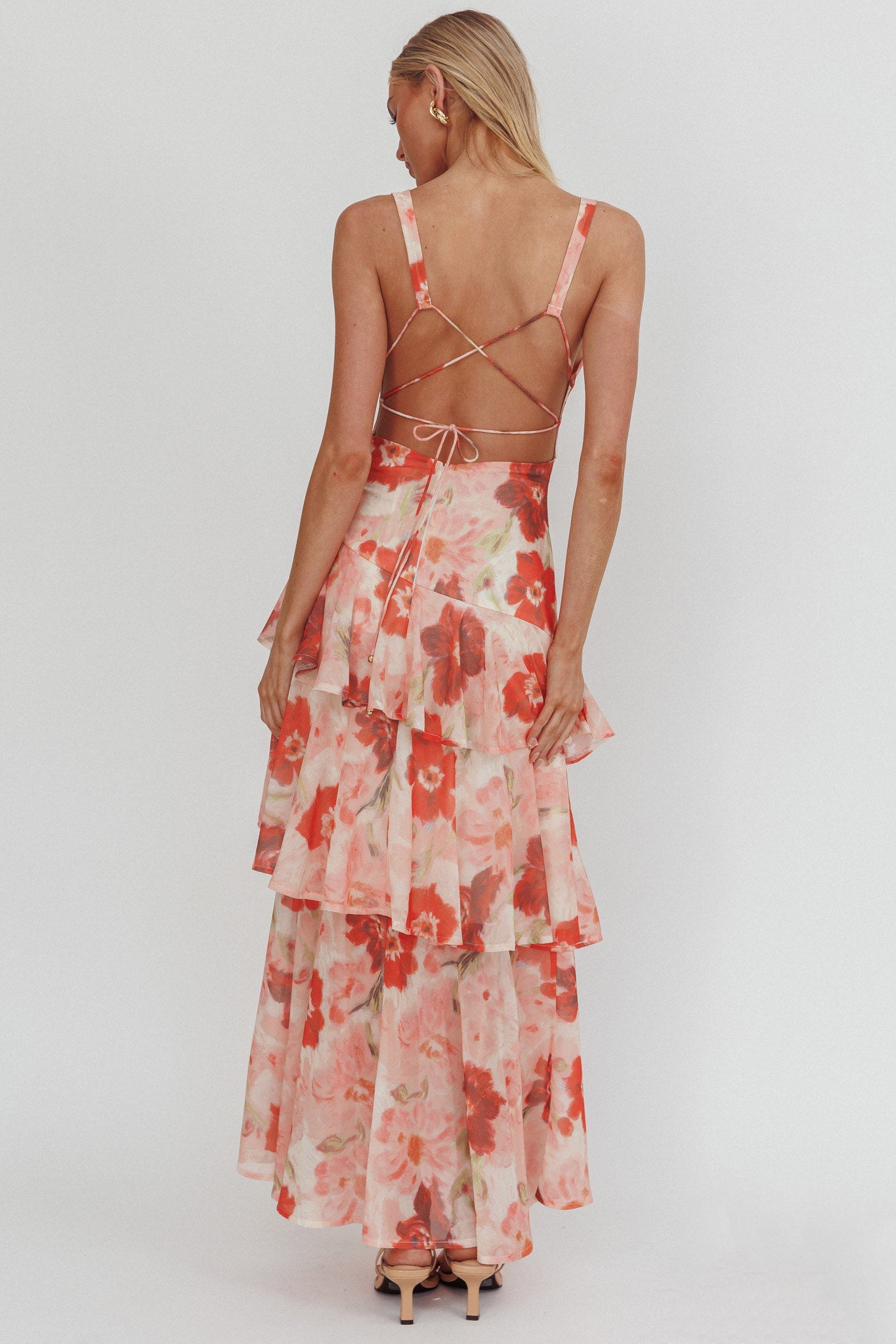 Veda Strappy Back Ruffle Maxi Dress Poppies Red Secondary image