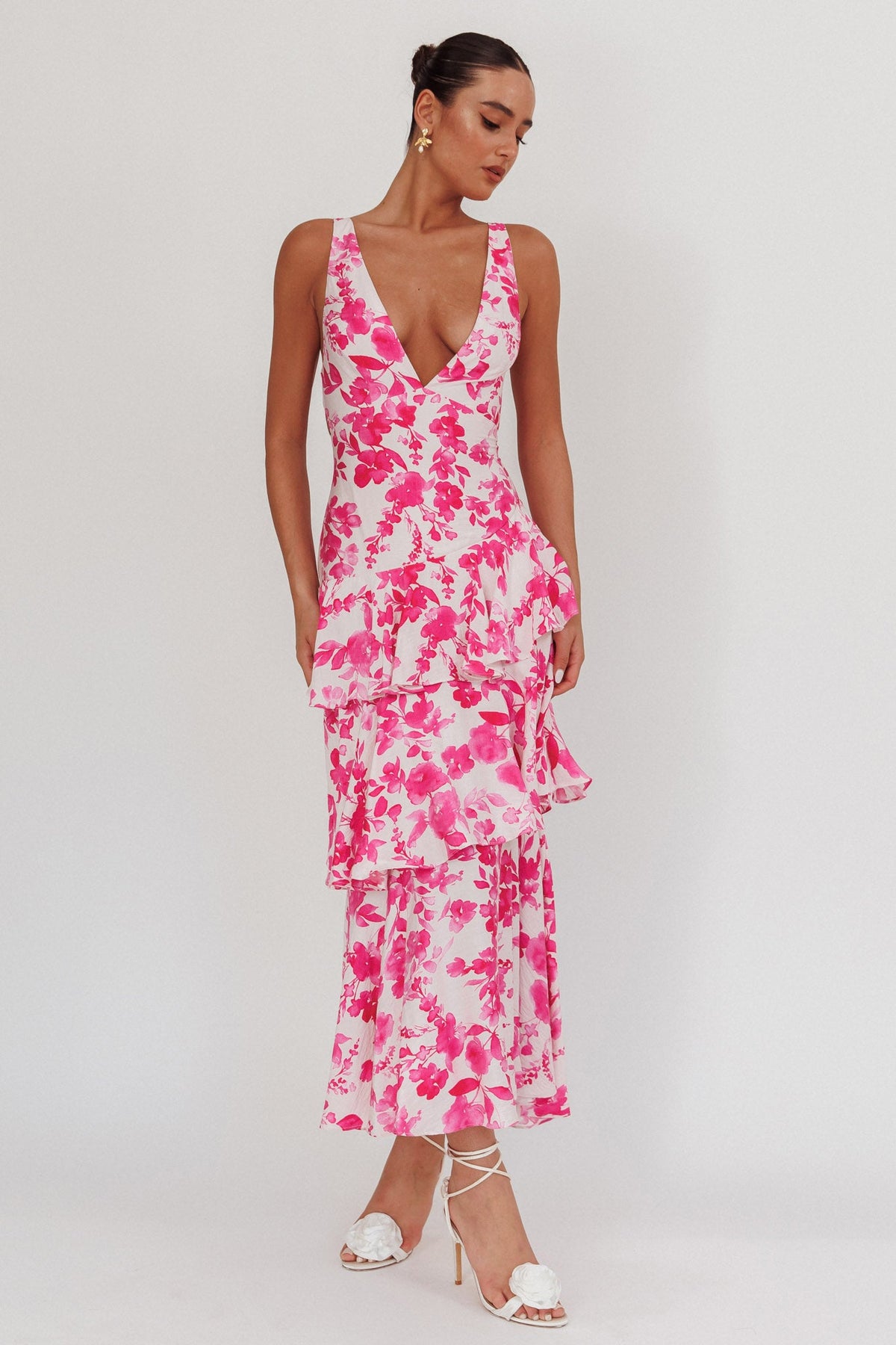 Veda Strappy Back Ruffle Maxi Dress Floral Fuchsia Main image