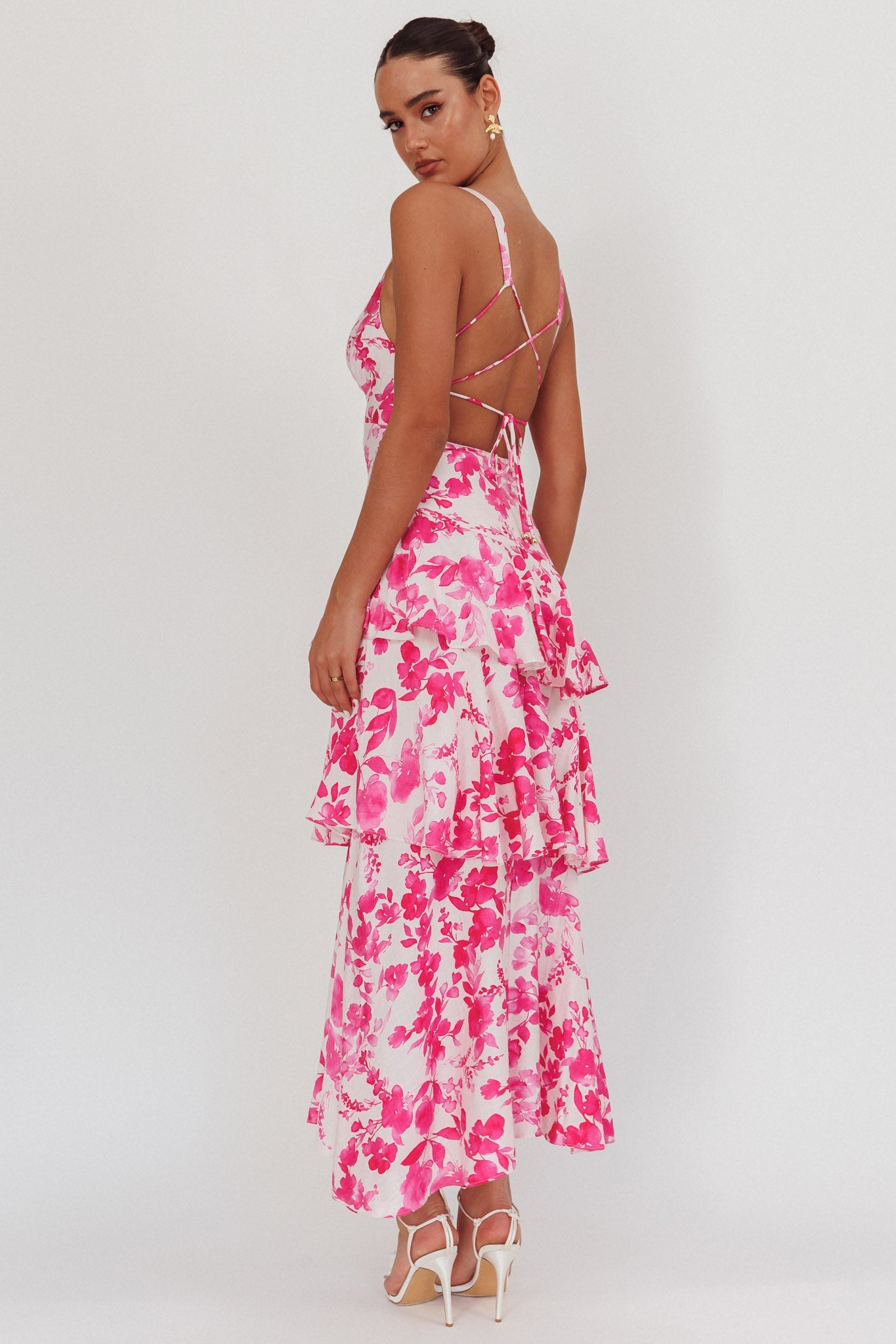 Veda Strappy Back Ruffle Maxi Dress Floral Fuchsia Secondary image