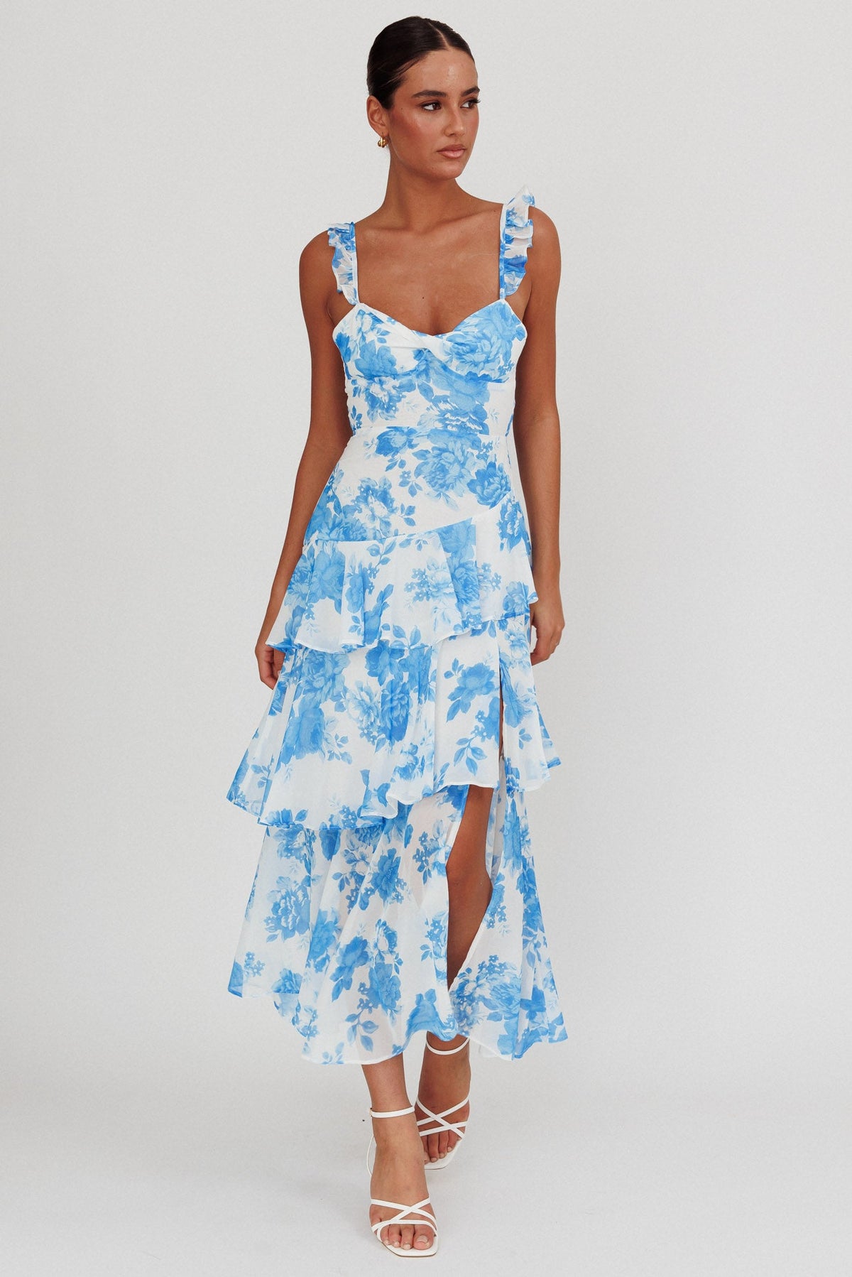 Veda Ruffle Strap Split Maxi Dress Floral White/Blue Main image