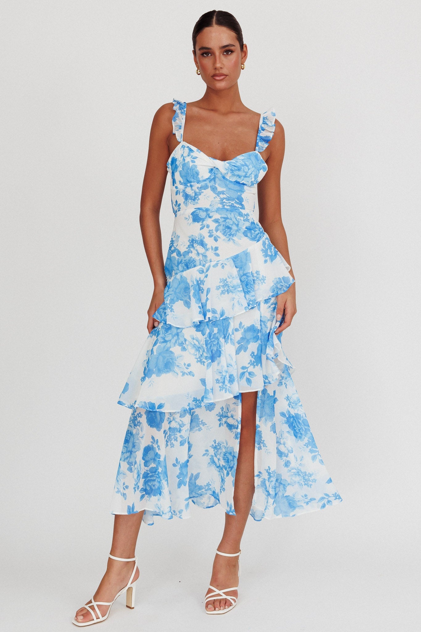 Veda Ruffle Strap Split Maxi Dress Floral White/Blue Secondary image