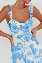 Veda Ruffle Strap Split Maxi Dress Floral White/Blue
