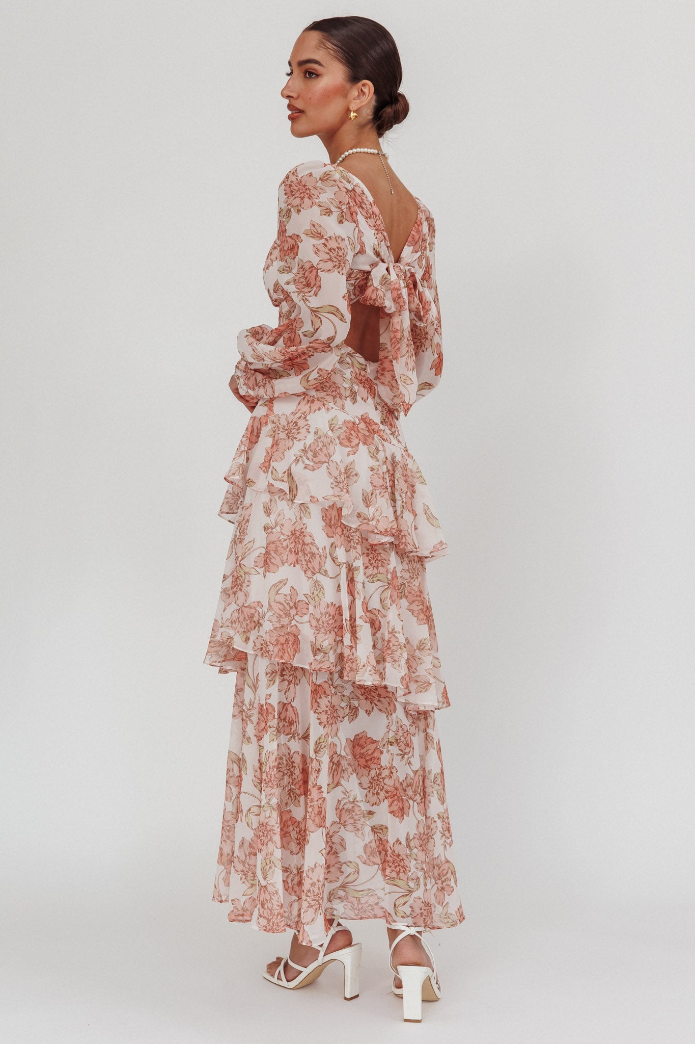 Veda Long Sleeve Floral Tiered Ruffle Maxi Dress Peach Secondary image
