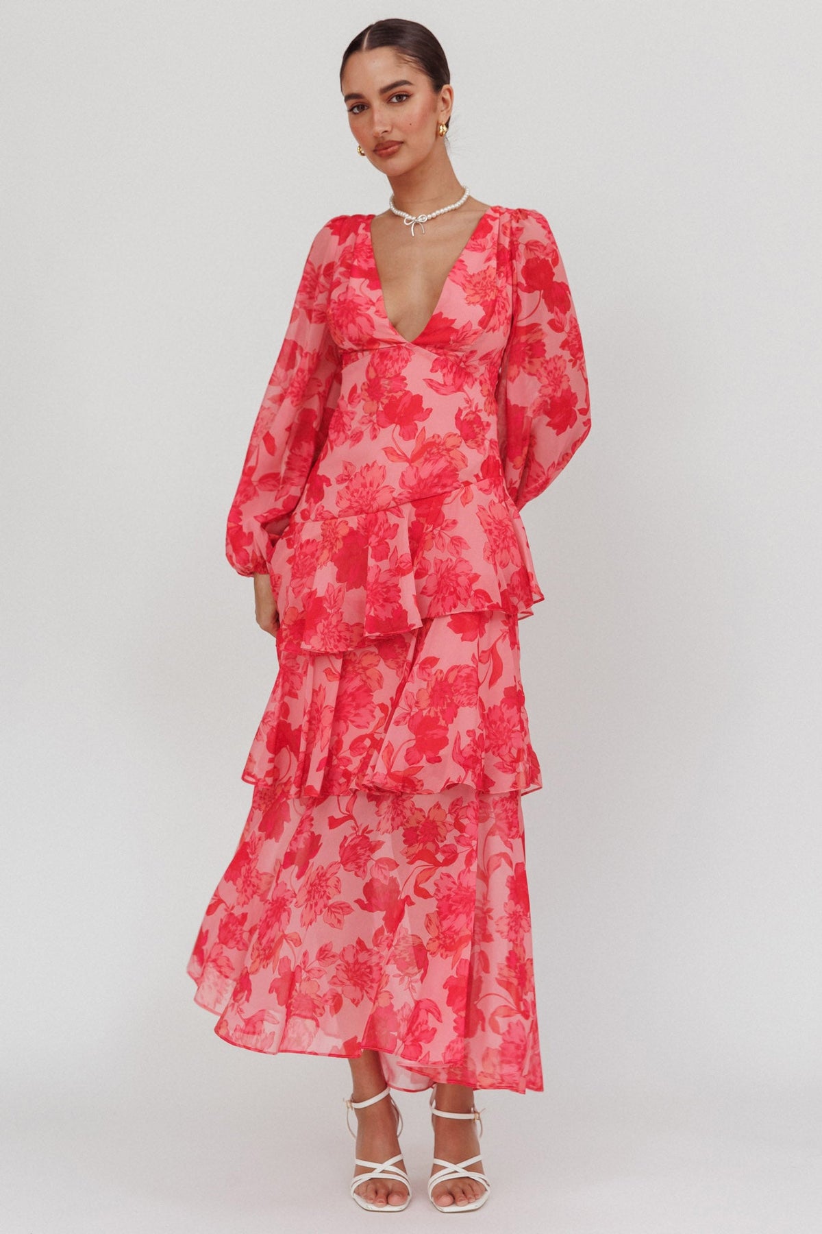 Veda Long Sleeve Floral Tiered Ruffle Maxi Dress Pink Main image