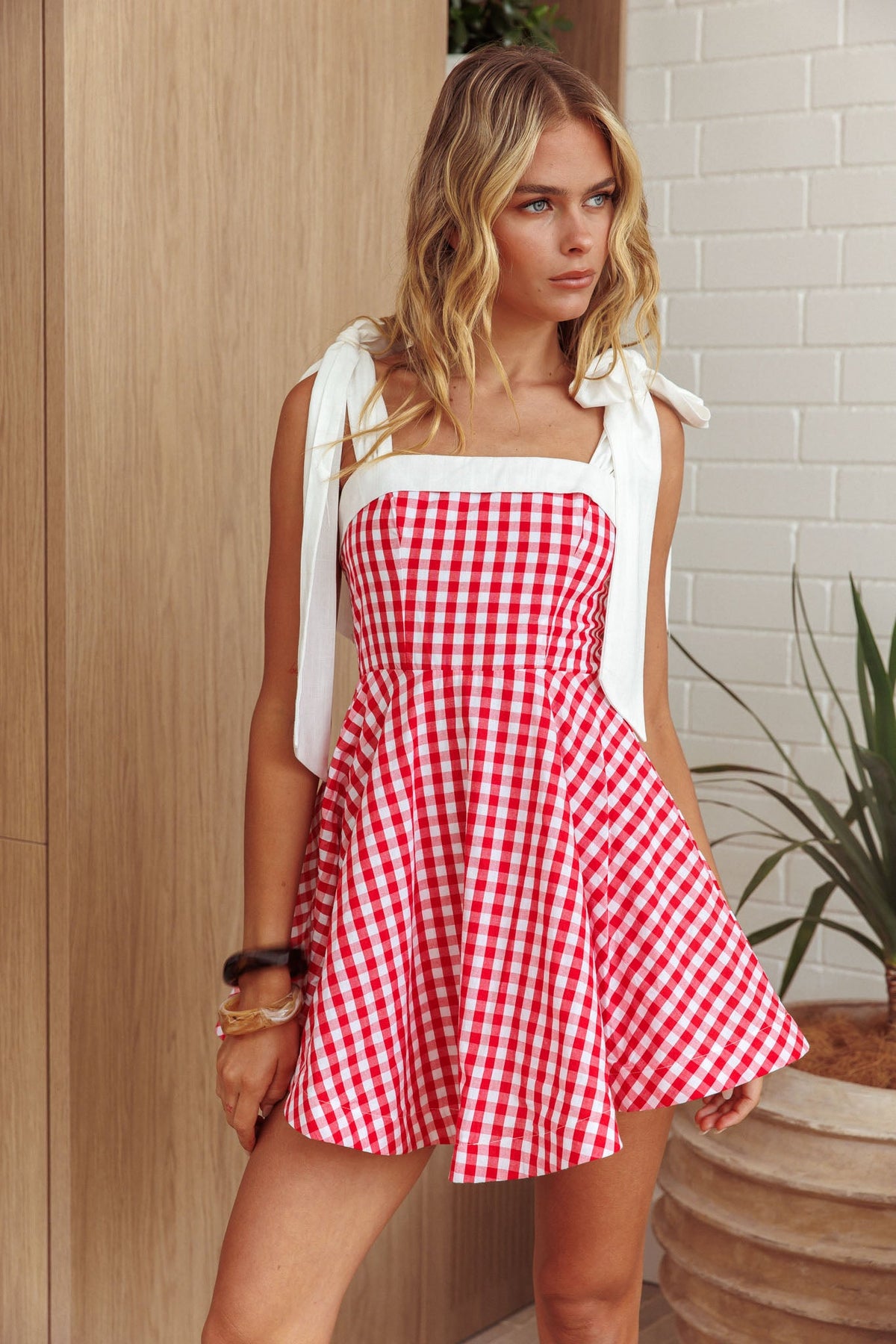 Jeanie Tied Shoulder Mini Dress Gingham Red Main image