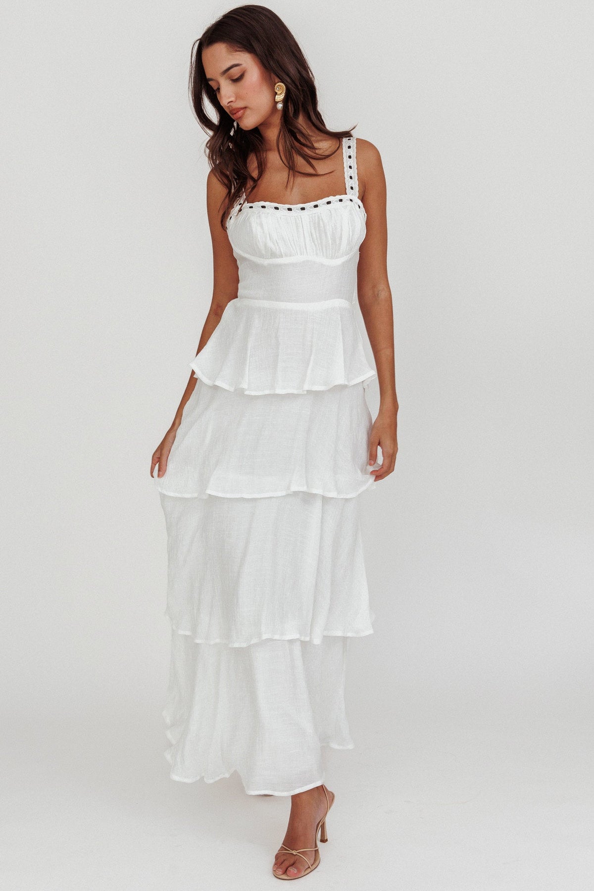 Provence Bloom Tiered Ruffle Maxi Dress White