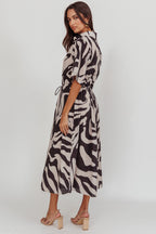 Tiki Boxy Sleeve Print A-line Midi Dress Beige