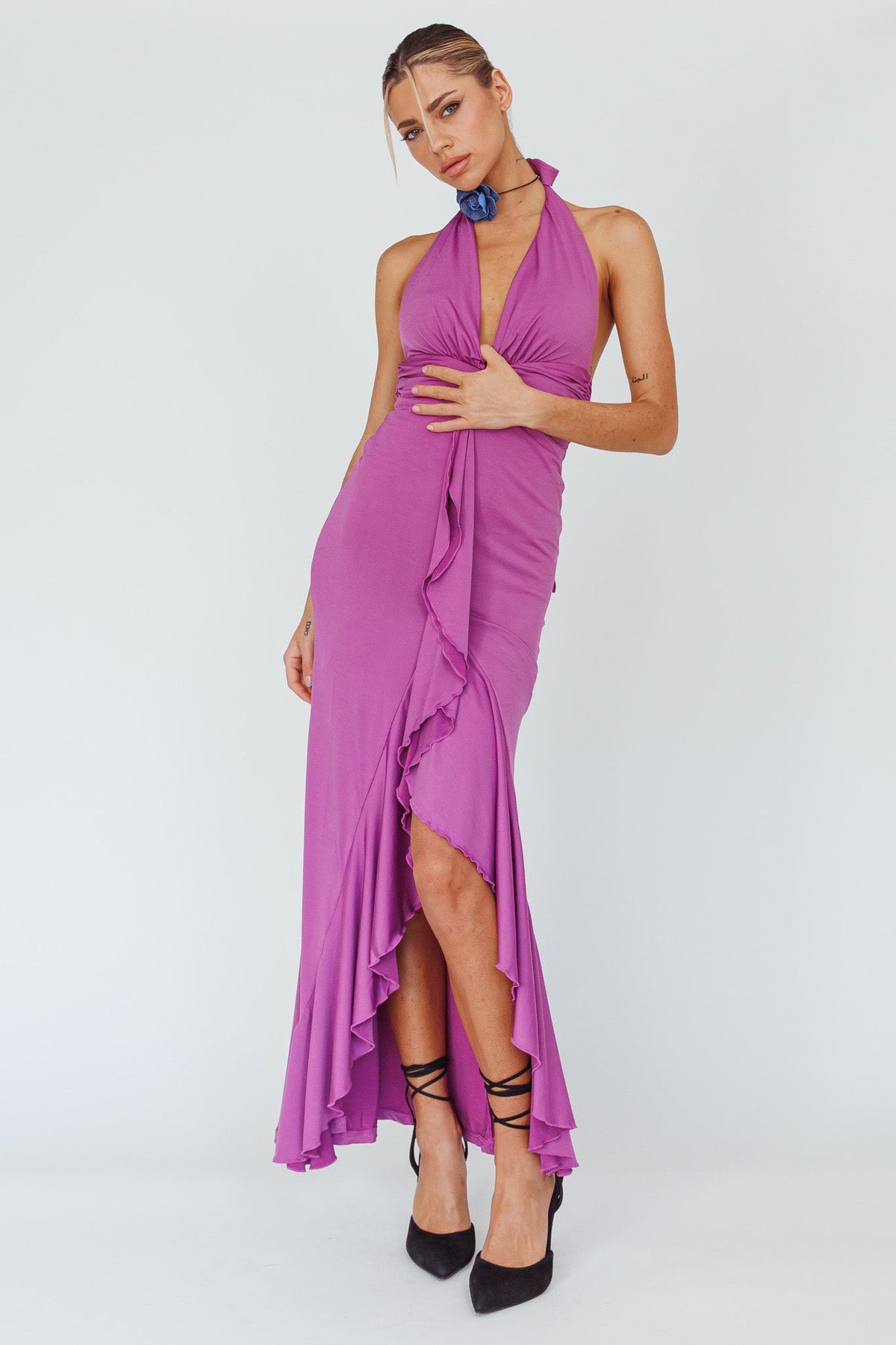 Zaphirah Halterneck Ruffle Dress Magenta Main image