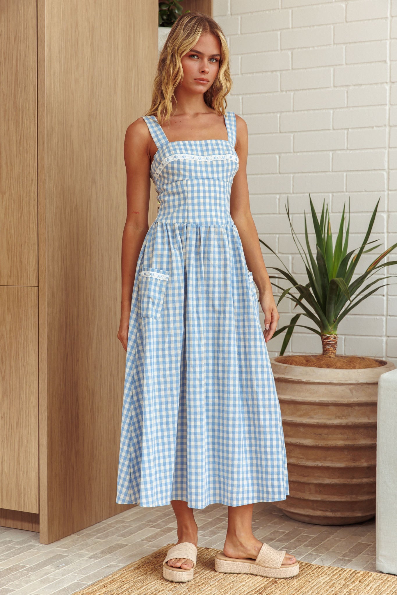 Elderflower Front Pocket Maxi Dress Gingham Baby Blue Secondary image