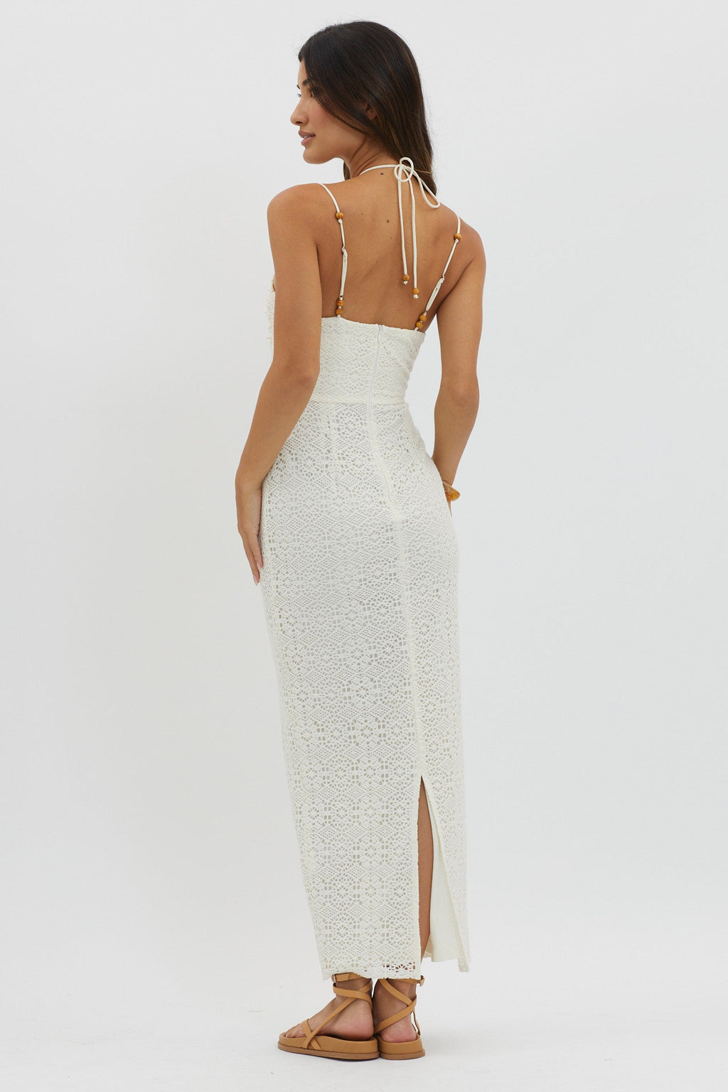 Namaste Bead Strap Lace Midi Dress White