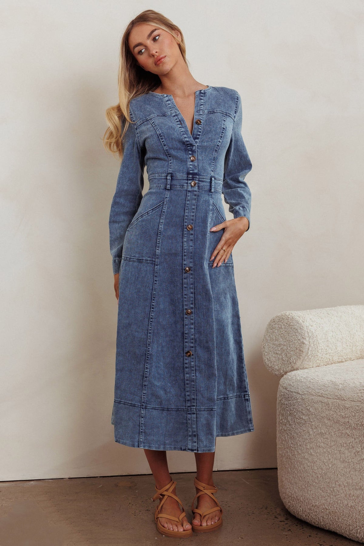 Aspen Love Front Pocket Midi Dress Denim Blue Main image