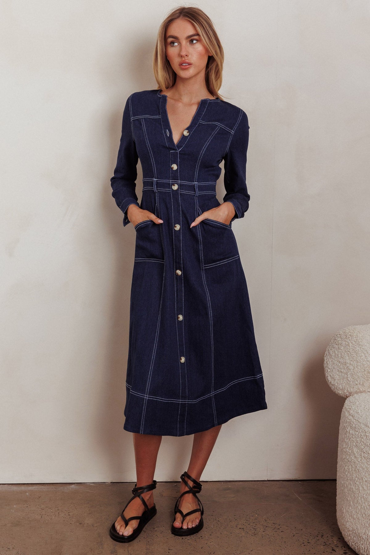 Aspen Love Front Pocket Long Sleeve Midi Dress Indigo Main image