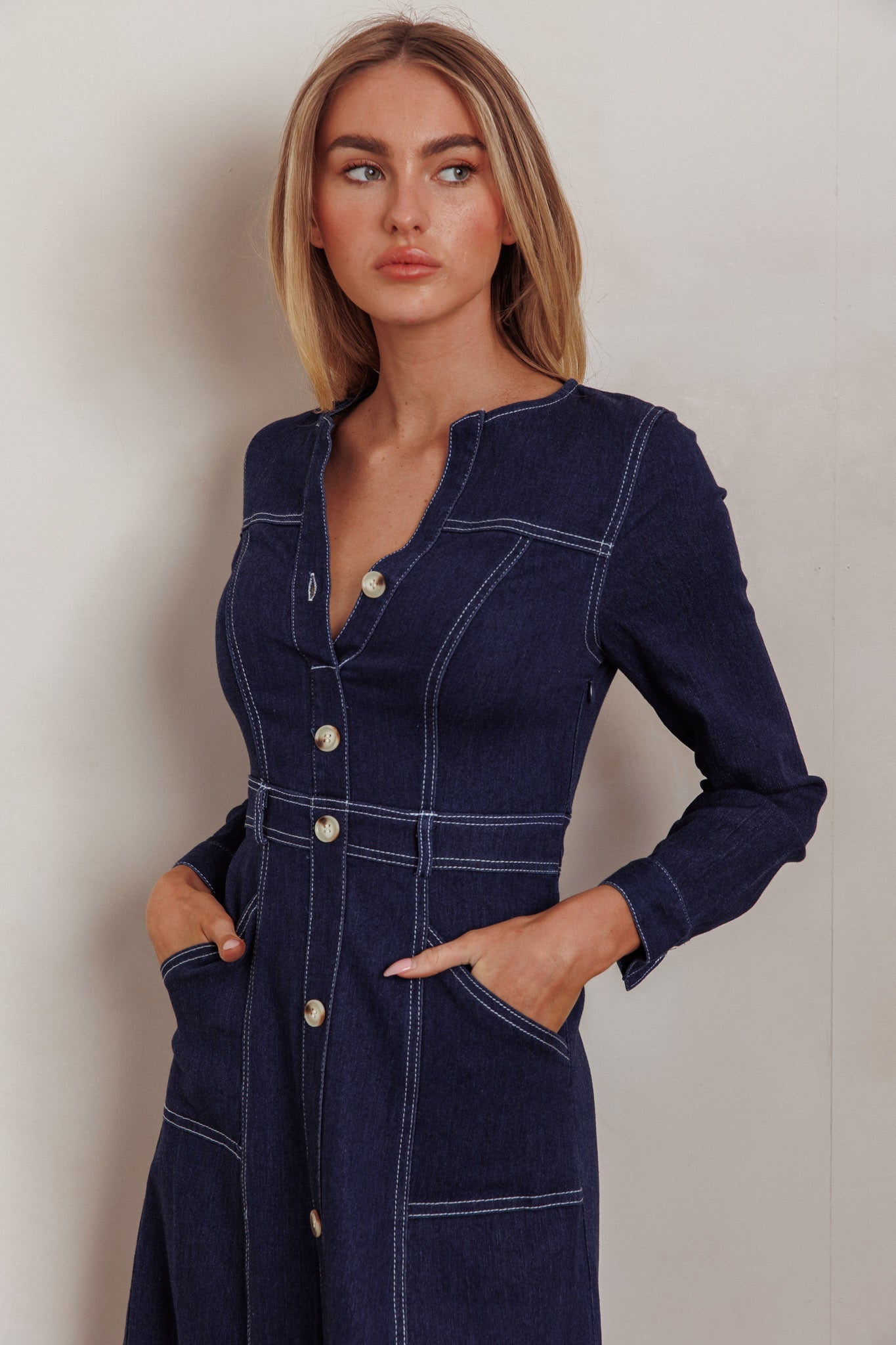 Aspen Love Front Pocket Long Sleeve Midi Dress Indigo Secondary image