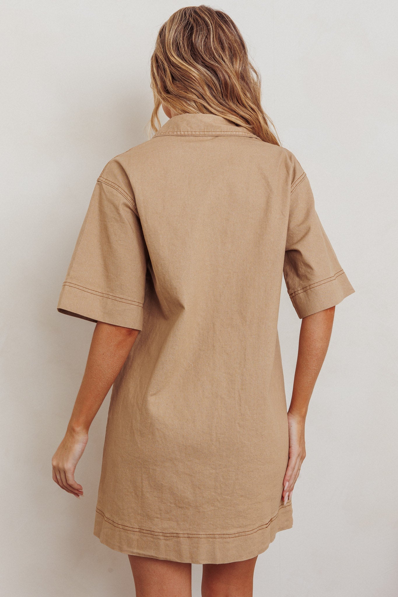 Admiration Contrast Stitching Boxy Mini Dress Beige Secondary image