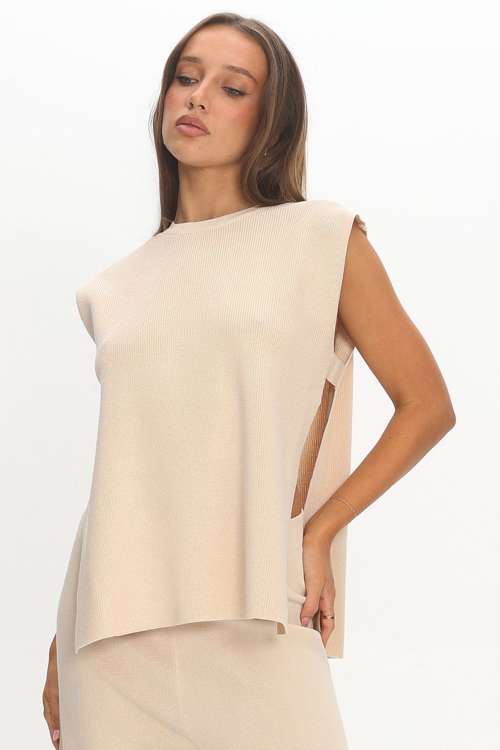 Homebody Side Slit Ribbed Knit Top Oat